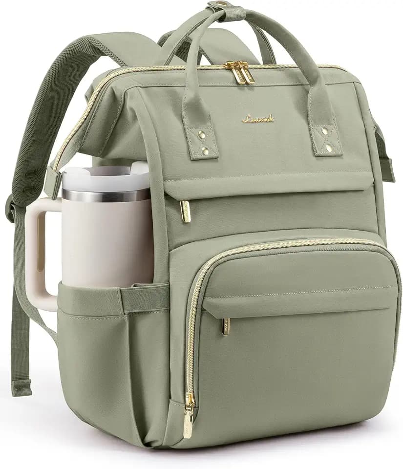 LOVEVOOK Laptop Backpack for Women with Giant Tumbler Holder Pocket,15.6inch Waterproof Travel Backpack Purse Computer Laptop Bag,Professional Work College Nurse Teacher Backpack Travel Bag,Bean Green