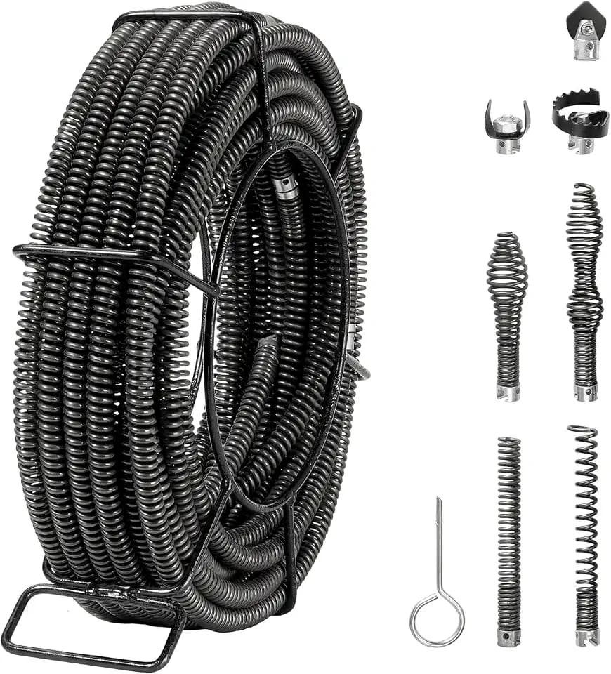 VEVOR Drain Cleaning Cable 66 FT x 5/8 Inch, Professional Sectional Drain Cleaner Cable with 7 Cutters for 0.8" to 3.9" Pipes for Hollow Core Sewer Cleaner Auger Sink, Toilet