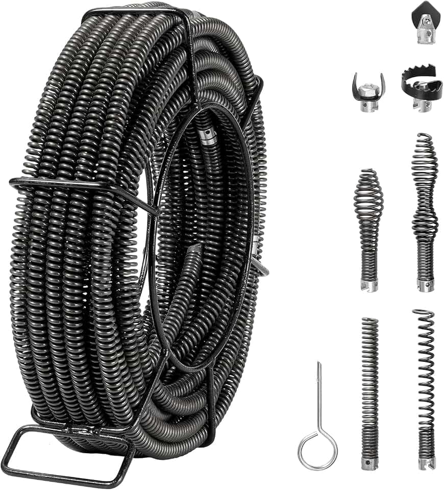 VEVOR Rohrreinigungsspirale 20 m x 16 mm, professionelles Rohrreinigungskabel mit 7 Schneidern für Rohre von 20 bis 100 mm, Hohlkern-Kanalisationsspirale für Spüle, Bodenablauf, Toilette