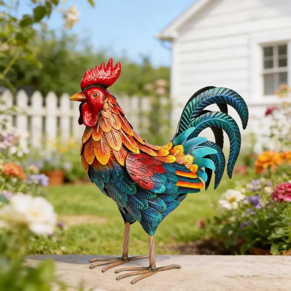 Shorayn Metal Rooster Statues Outdoor Garden Decor Metal Chicken Sculptures & Statues Chicken Ornaments Yard Art for Backyard Patio Lawn Decorations