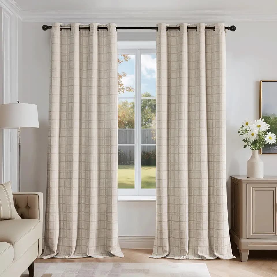 Beauoop Beige Plaid Jacquard Blackout Curtains for Bedroom 52x84 2 Panels