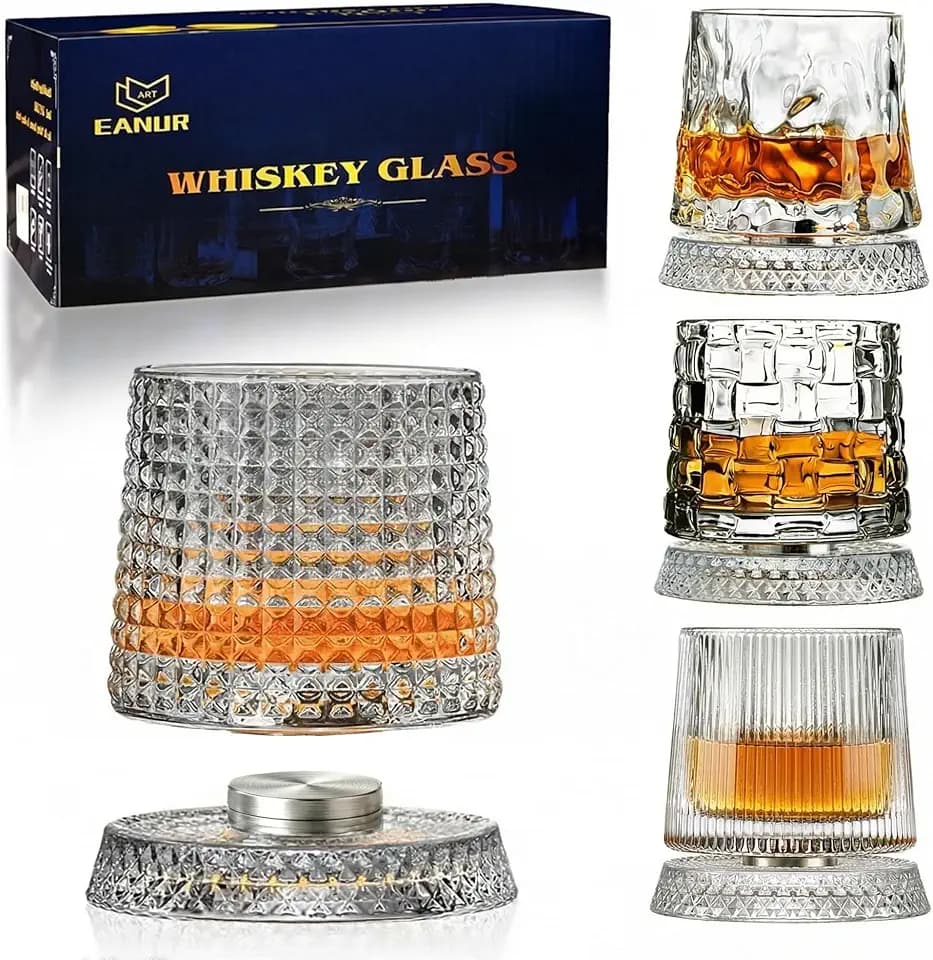 Spinning Whiskey Glasses with Bases, Rotating Old Fashioned Glass, Gift Box