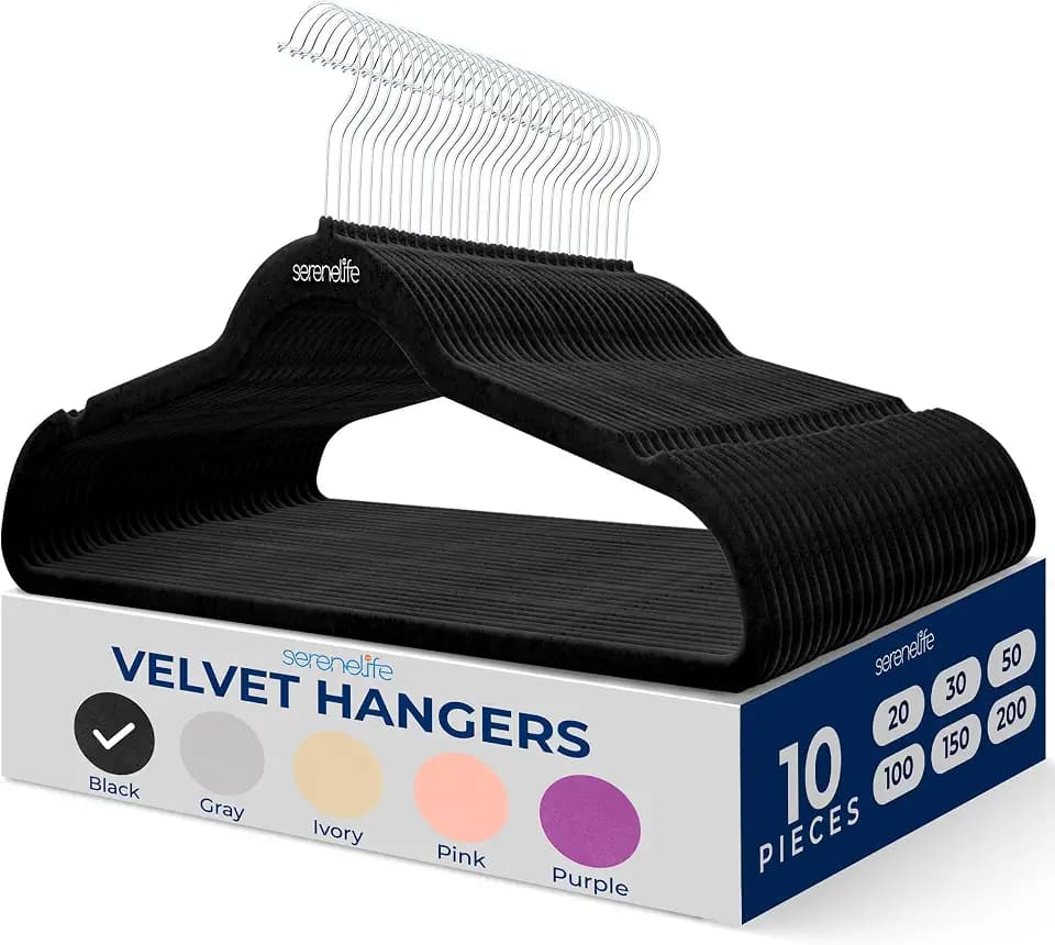 SereneLife 10-Pack Black Velvet Clothes Hangers, Non-Slip & Heavy Duty