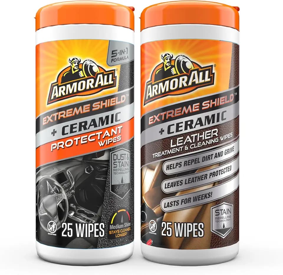 Armor All Ceramic Car Leather Cleaning Wipes, Use on Heated Seats and Leather Surfaces, Includes Ceramic Leather and Extreme Protectant Wipes - 2 Count