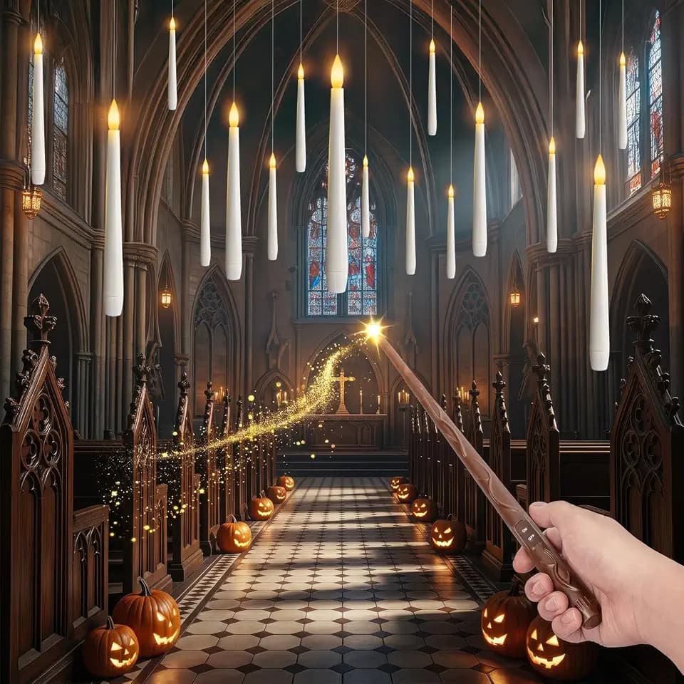 20PCS Floating Candles with Wand Remote, Flameless Hanging Taper Candles with Flickering Warm Light, Battery Operated Magic Candles for Halloween Indoor Ceiling Decor, Hallway, Bedroom, Party