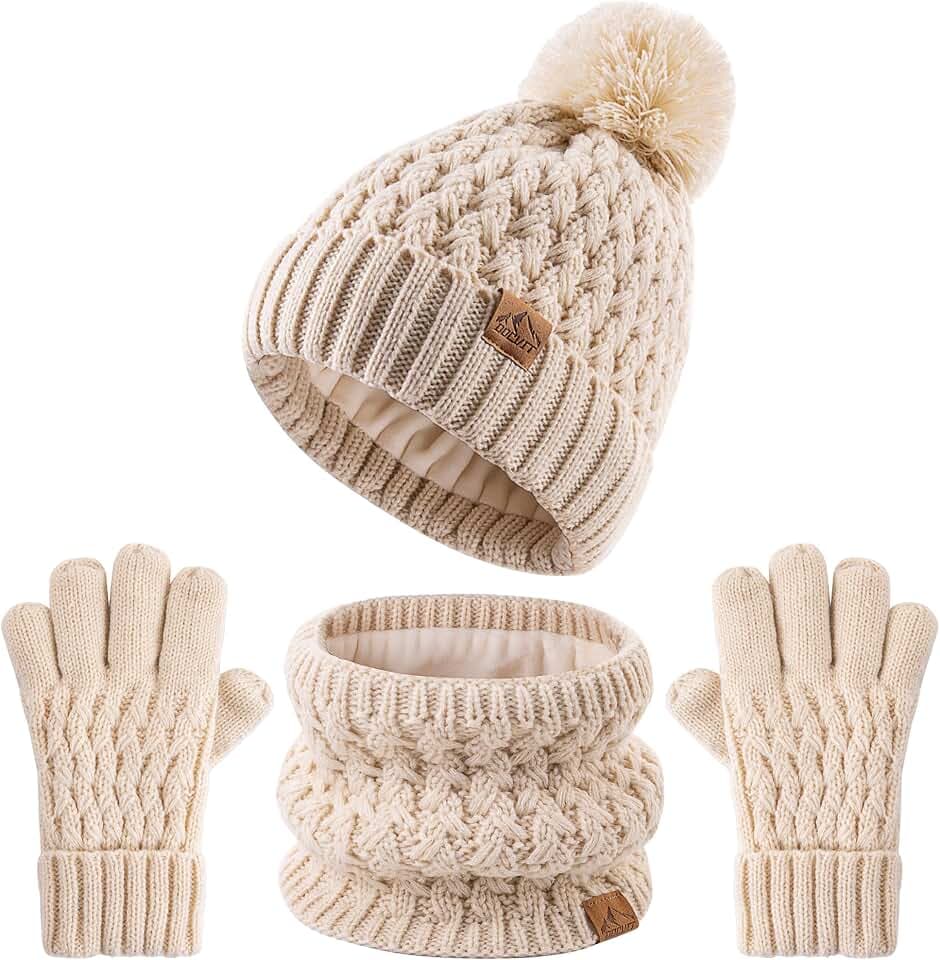DOCVIT Kinder Bommel Winter Beanie Mütze Scart Handschuhe Set,Jungen Mädchen gestrickt Fleece gefüttert Wollmütze für Kinder Kleinkind 3-9 Jahre
