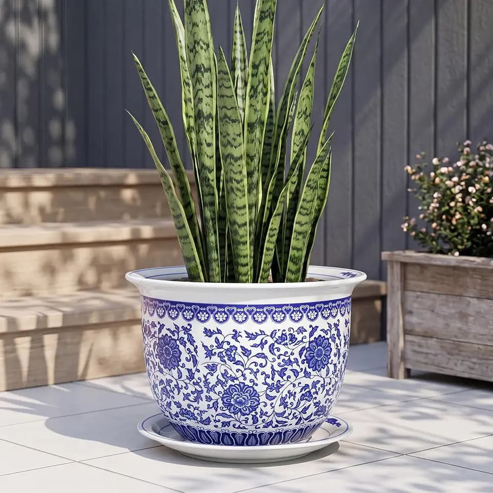LemonRoad 13'' Blue and White Ceramic Planter Chinoiserie Decor, Round
