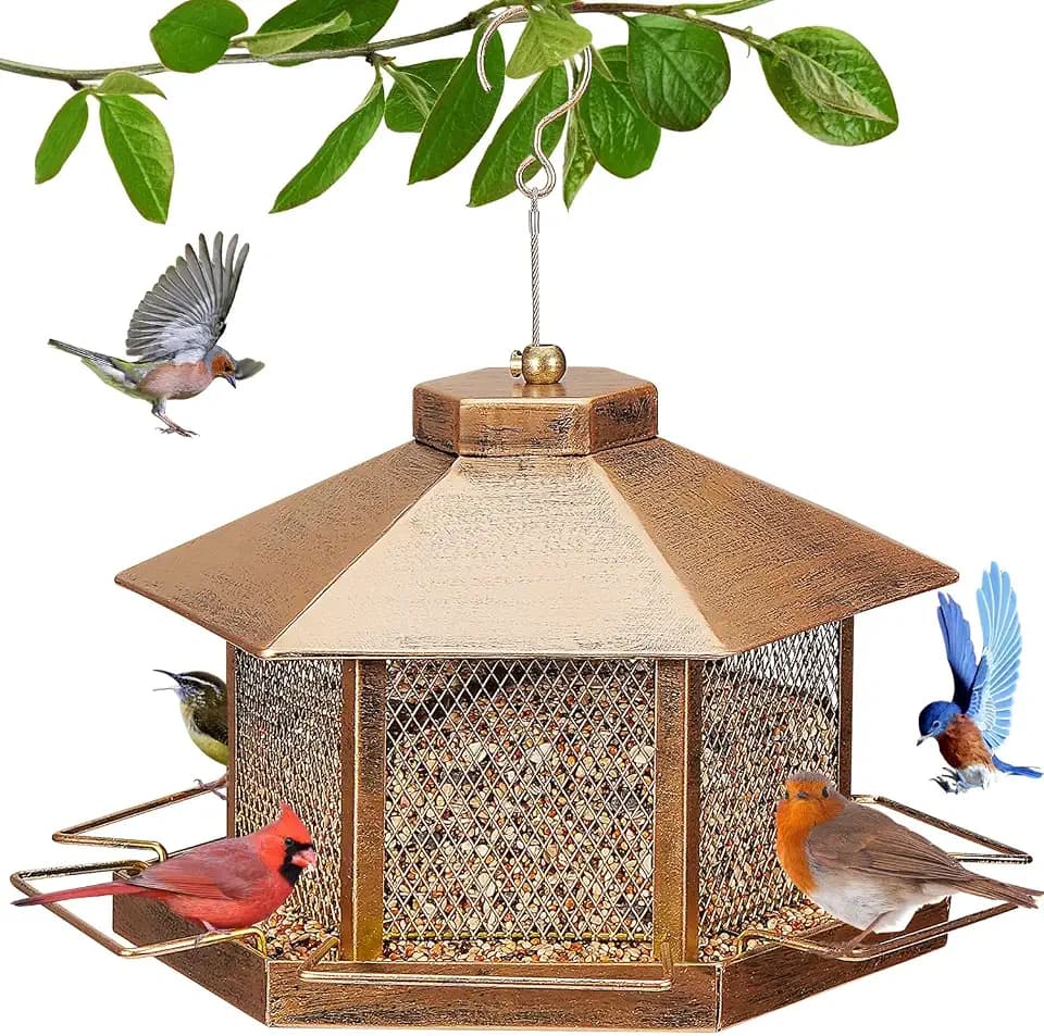 Metal Bird Feeder for Outdoor Hanging, 7.4LB Large Capacity, Garden Decoration - Attracts Wild Birds, Durable Outdoor Bird Feeding Station for Garden Yard Outside Backyard (Extra Large Gold)