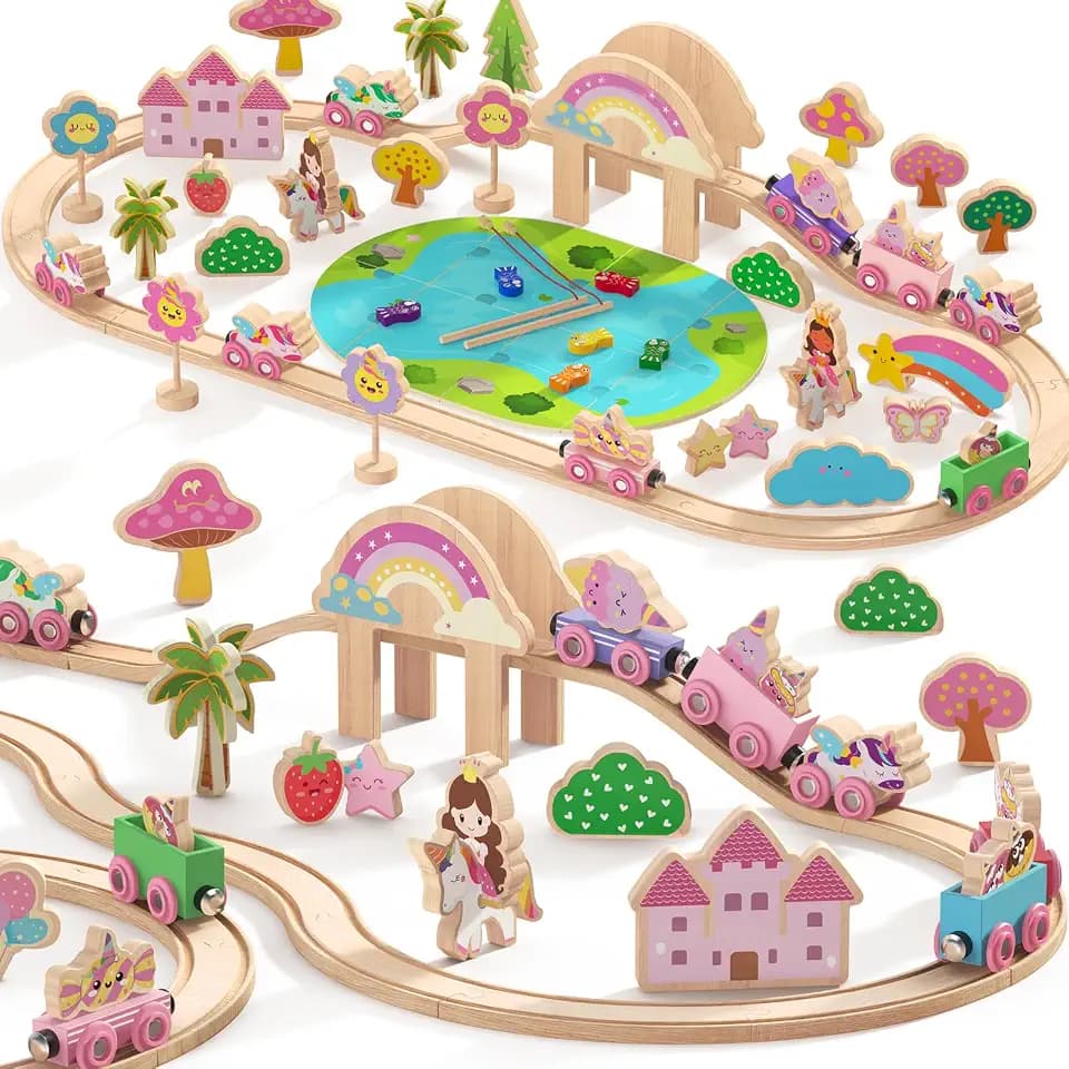 Hot Bee 2-in-1 Wooden Train Set, 110pcs Toy Train Track Set for Girls