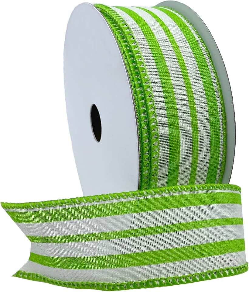 Morex Ribbon Wired Linen Spring Cabana Stripes Ribbon, 1.5 inches by 10 Yards, Apple Green, 7579.40/10-550