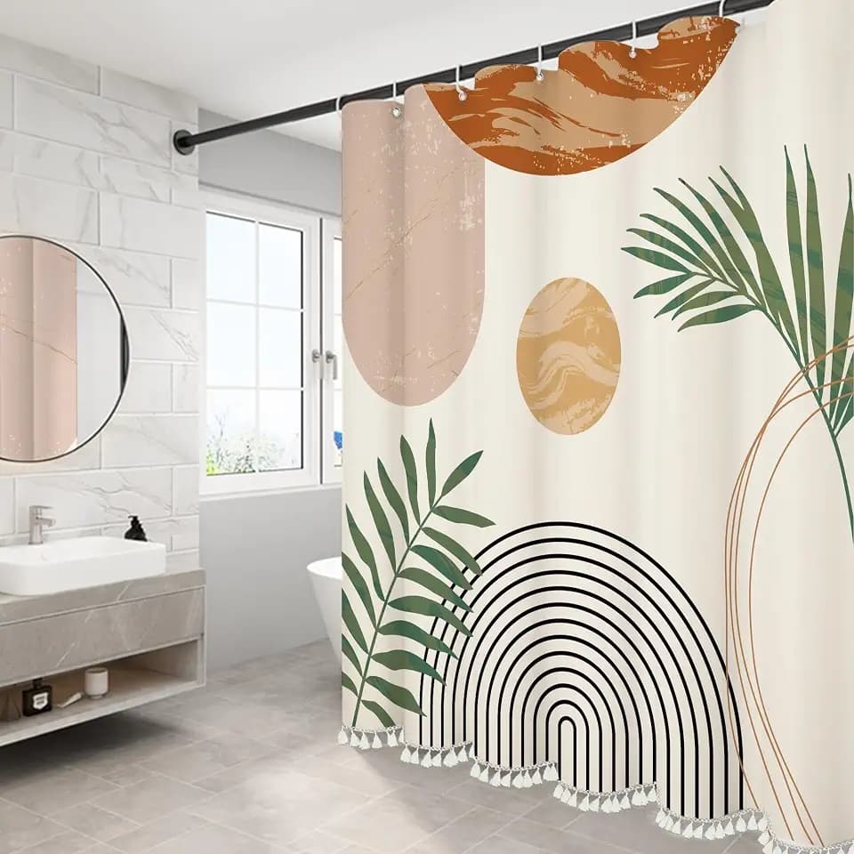 Boho Mid Century Leaf Shower Curtain Set,Arch Sun Design,Minimalistic Leaves Pattern,Waterproof and Luxurious Fabric-12 Hooks(Beige-72" x 84")