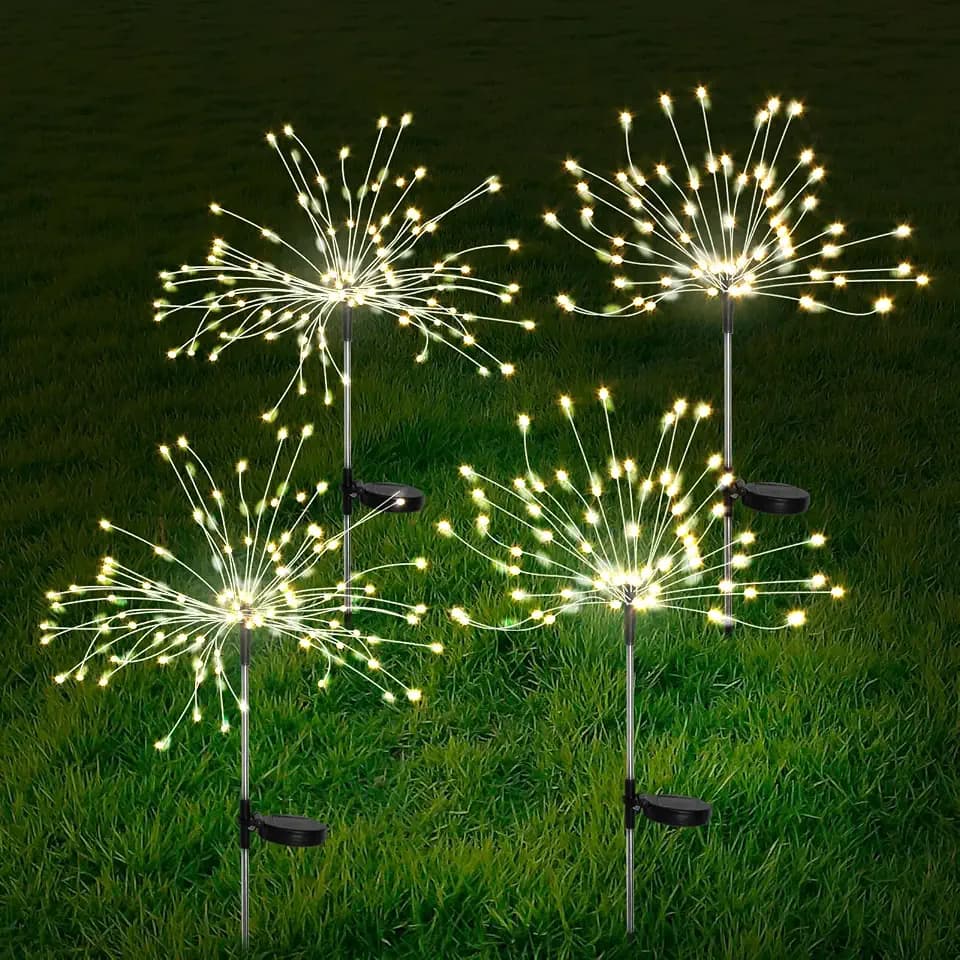 FOOING Solar Firework Lights Outside Fireworks Solar Lights Outdoor Waterproof, 4 Pack 120 LED Firecracker String Light Twinkling Nightlights for Garden, Wedding, Party, Patio Decor (Warm White)