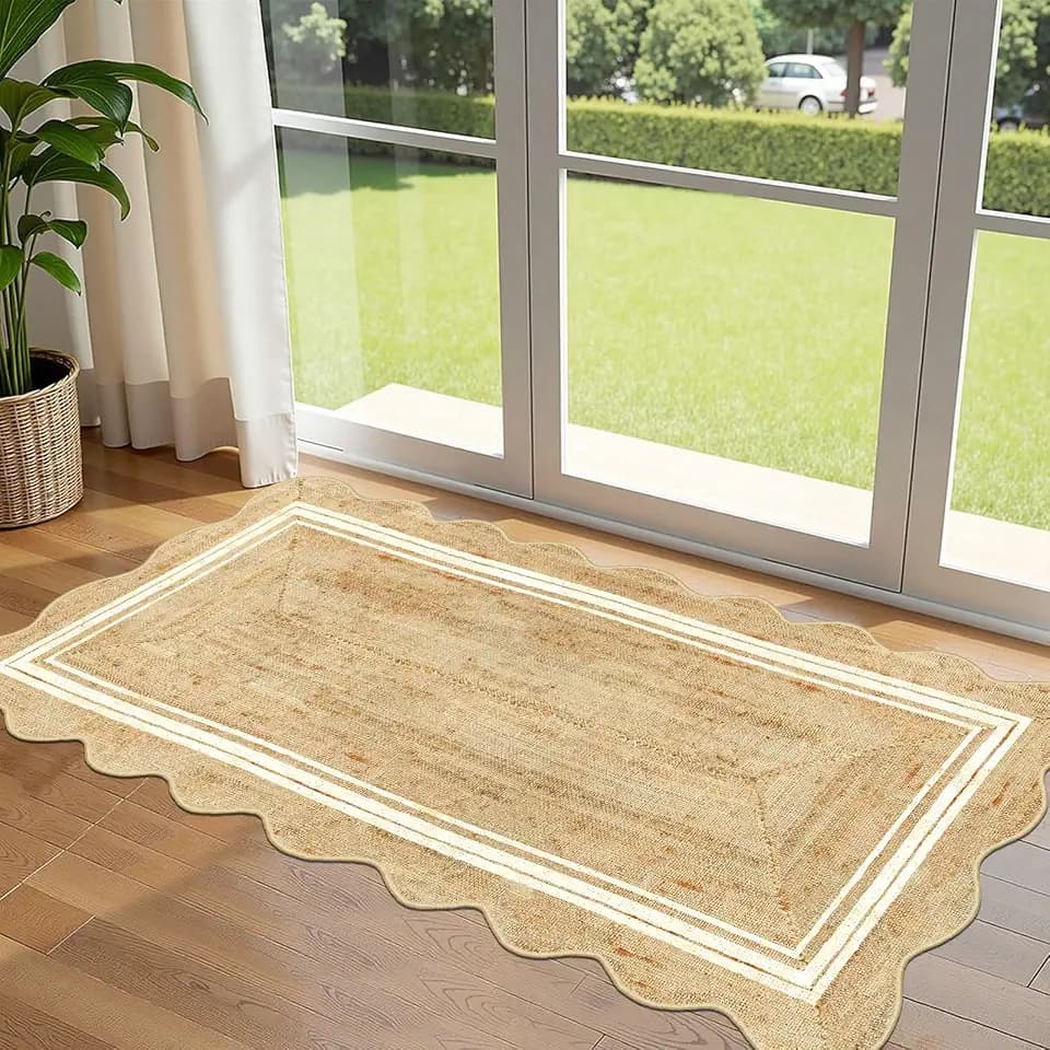Front Door Mat - 2x4.3 Neutral Farmhouse Scalloped Small Runner Rug