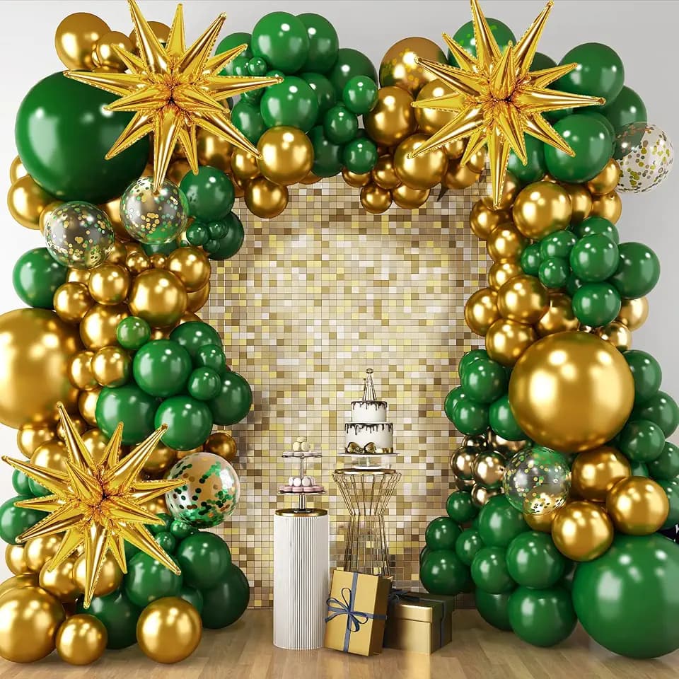 RUBFAC 2026 Graduation Decorations Green and Gold Balloon Garland Arch Kit, 140pcs Latex Pary Balloons, Dark Green Gold Confetti Star Balloon for Birthday Wedding New Year Party Decorations