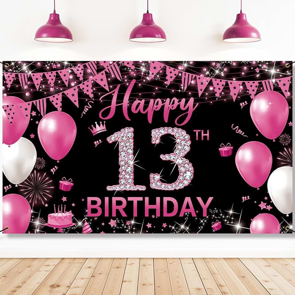 Fabric 13th Birthday Banner Backdrop, Happy 13th Birthday Decoration for Girls Hot Pink, 13 Year Old Birthday Party Photo Booth Props Yard Sign Decor, Indoor Outdoor(6.1 x 3.6ft)