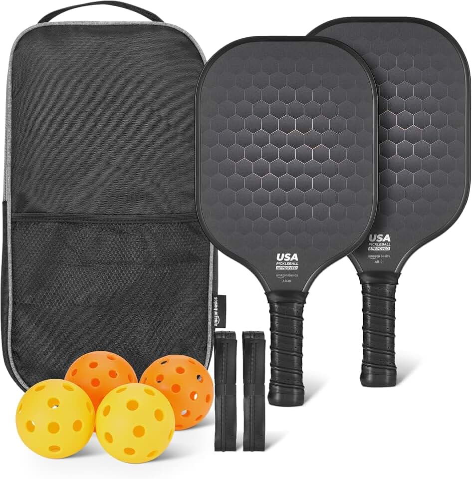 Amazon Basics USAPA-Zertifiziertes Pickleball-Schläger-Set mit 4 Bällen und 2 Griffen, Glasrahmen, Stealth-Schwarz, 2er-Pack