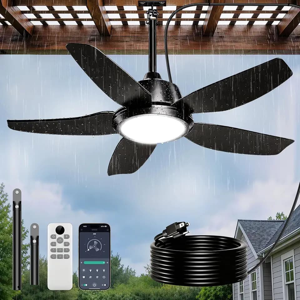 42 Inch Outdoor Ceiling Fan with Lights, IP65 Waterproof, APP & Remote Control, Dimmable 3CCT LED, 6-Speed Quiet DC Motor, Hanging Gazebo Fan Black Plug in Ceiling Fan with Cord for Patios Porch