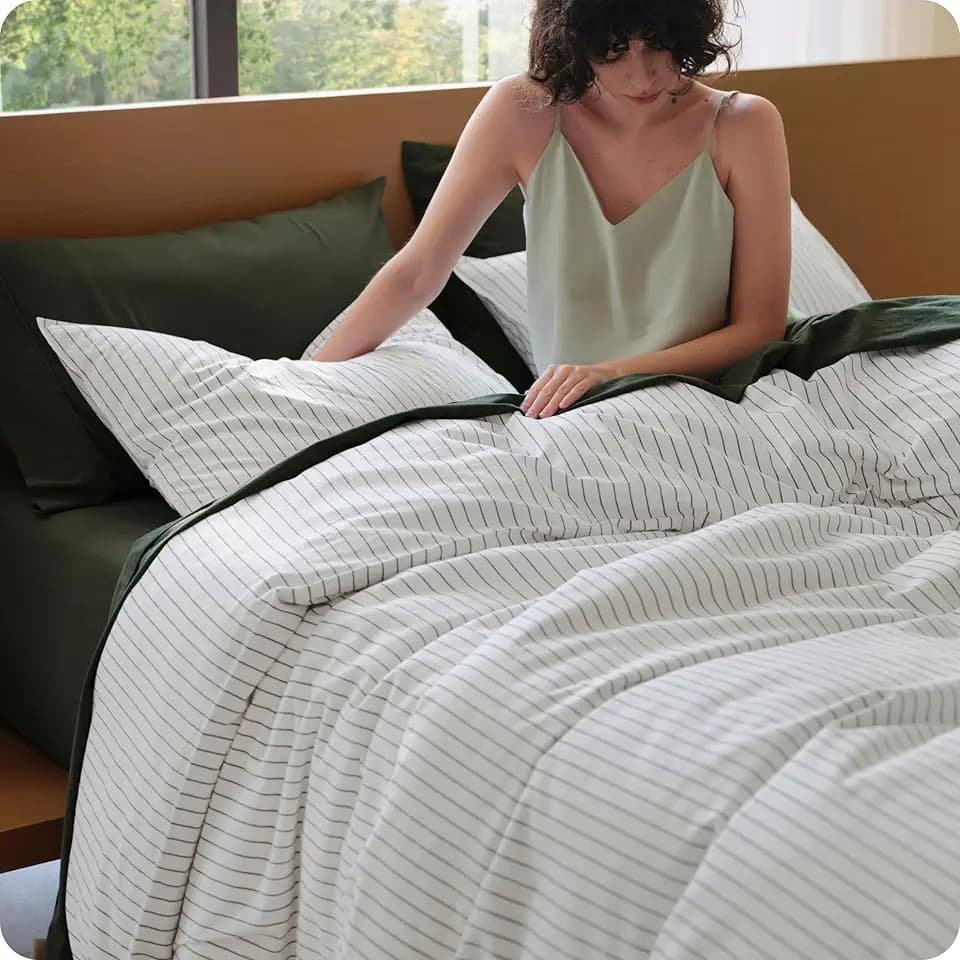 Bedsure PureWoven Striped Duvet Cover Set Linen‑Like, Full Size, 3-PC