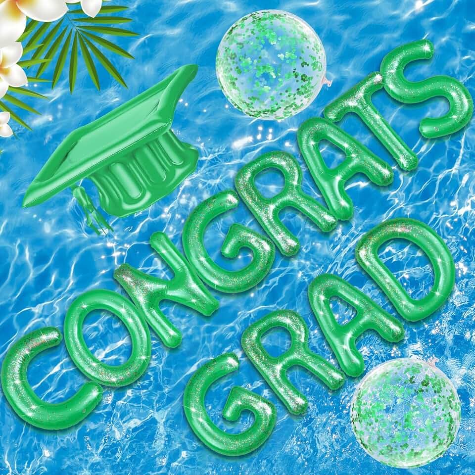 Sumind 15 Pcs Congrats Grad 2026 Graduation Pool Floats 20" Inflatable Letter Pool Float Glitter Prom Party Decor with Grad Cap & Ball for Graduation Party, Photo Props, Beach Games(Green)