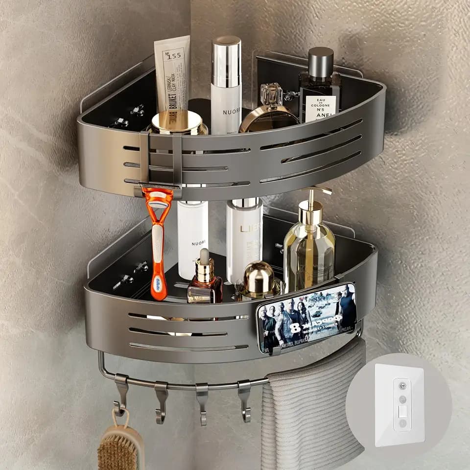 Voldra Duschablage Ohne Bohren Ecke, Duschregal Ecke Badregal Edelstahl Duschkorb Bad Zum Kleben Badezimmer Regal Duschablage Eckregal Mit 8 Abnehmbaren Haken Und Handtuchhalter（2 Stück, Grau
