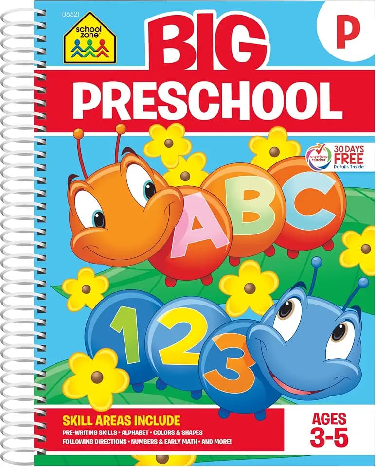 School Zone Big Preschool Workbook: 320 Spiral-Bound Pages, Pre-K, Colors, Shapes, Numbers, Early Math, Alphabet, Pre-Writing, Phonics, Following Directions, Ages 3-5