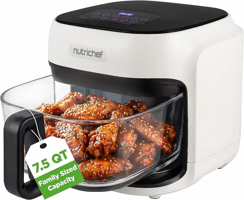 NutriChef Family Size 7.5 Quart Air Fryer | 6 Preset Cooking Modes | Glass Fry Bowl for Best Cooking | 360° Air Circulation | Cook Veggies, Steak, Fries, Seafood, Chicken & More | White