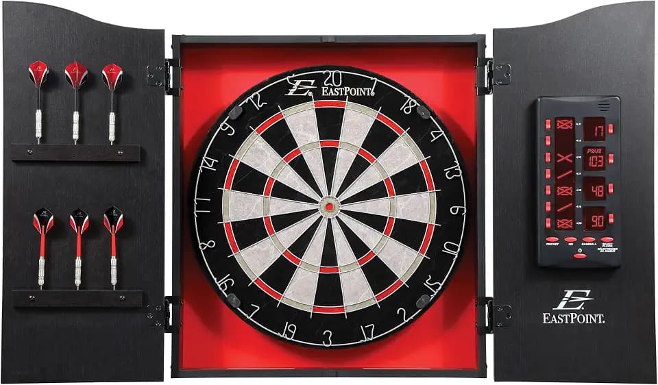 EastPoint Dart Board with Cabinet, Steel Tip Darts, Man Cave, 18" Red/Black