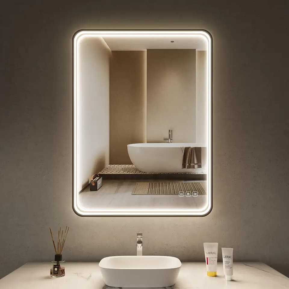 LED Badspiegel 60x80 cm mit frontbeleuchtung, 3 lichtfarben dimmbar, Touch-schalter, Anti-Beschlag & Memory.Funktion, schwarzer Aluminiumrahmen