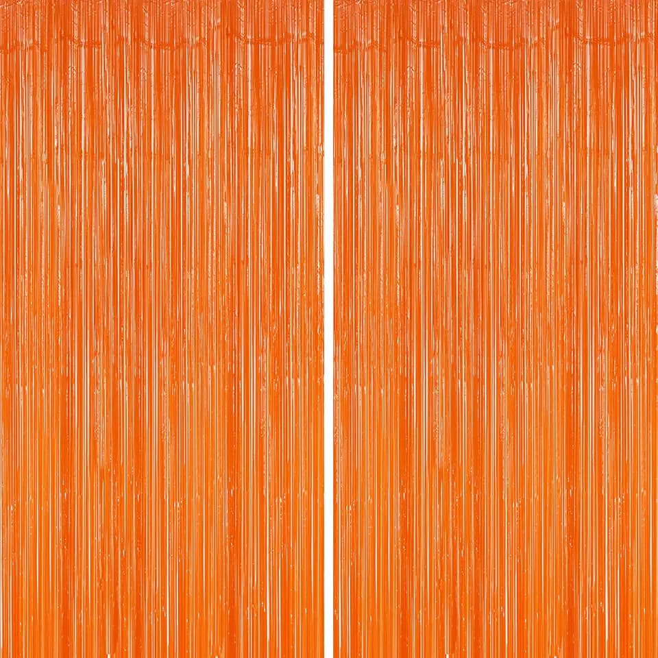 DECOCKRAT 2 Pack Foil Fringe Backdrop - Orange Shiny Tinsel Curtains for Party Decoration/Photo Booth Props - 3.3x6.6 FT Metallic Foil Backdrop for Birthday, Wedding, Graduation, Christmas.