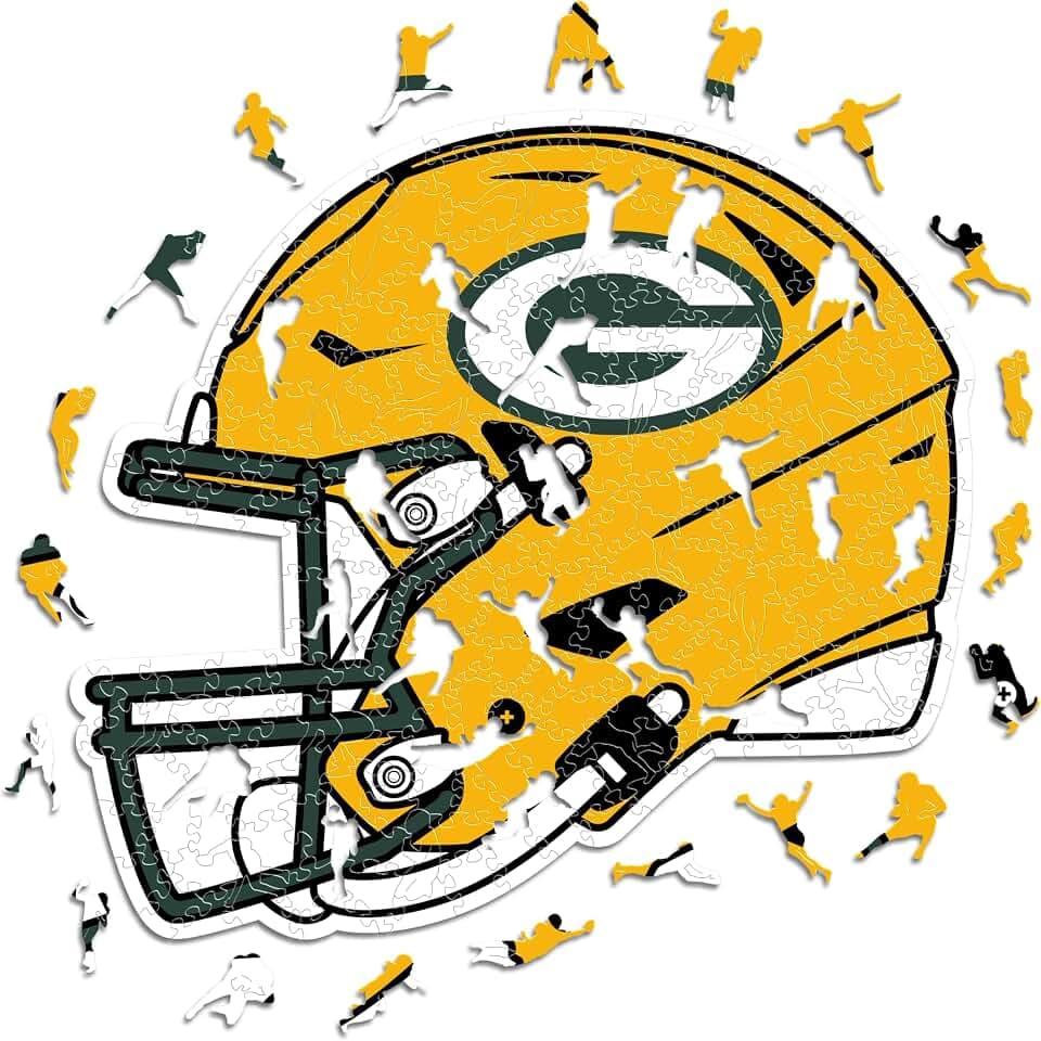 Iconic Puzzles – Helm Green Bay Packers, offiziell Lizenziertes NFL-Holzpuzzle, 100% nachhaltig, Geschenk für Erwachsene und Kinder, Größe L, 500 Teile