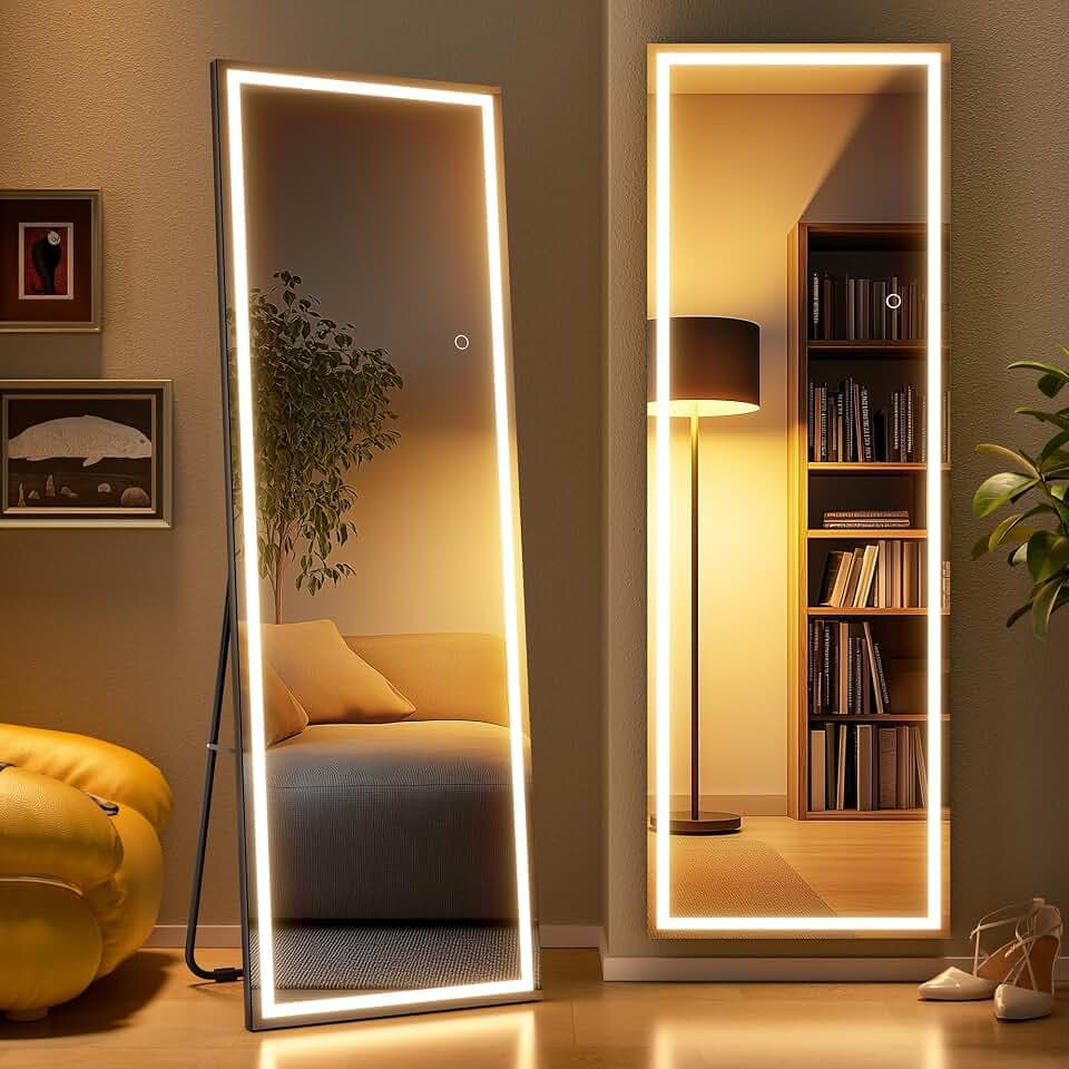 Full Length Mirror with Lights, 56" x 16" LED Lighted Floor Standing Body Mirror, Dimmable & 3 Color Lighting for Bedroom, Cloakroom, Dressing Room, Tempered Glass, Square Black