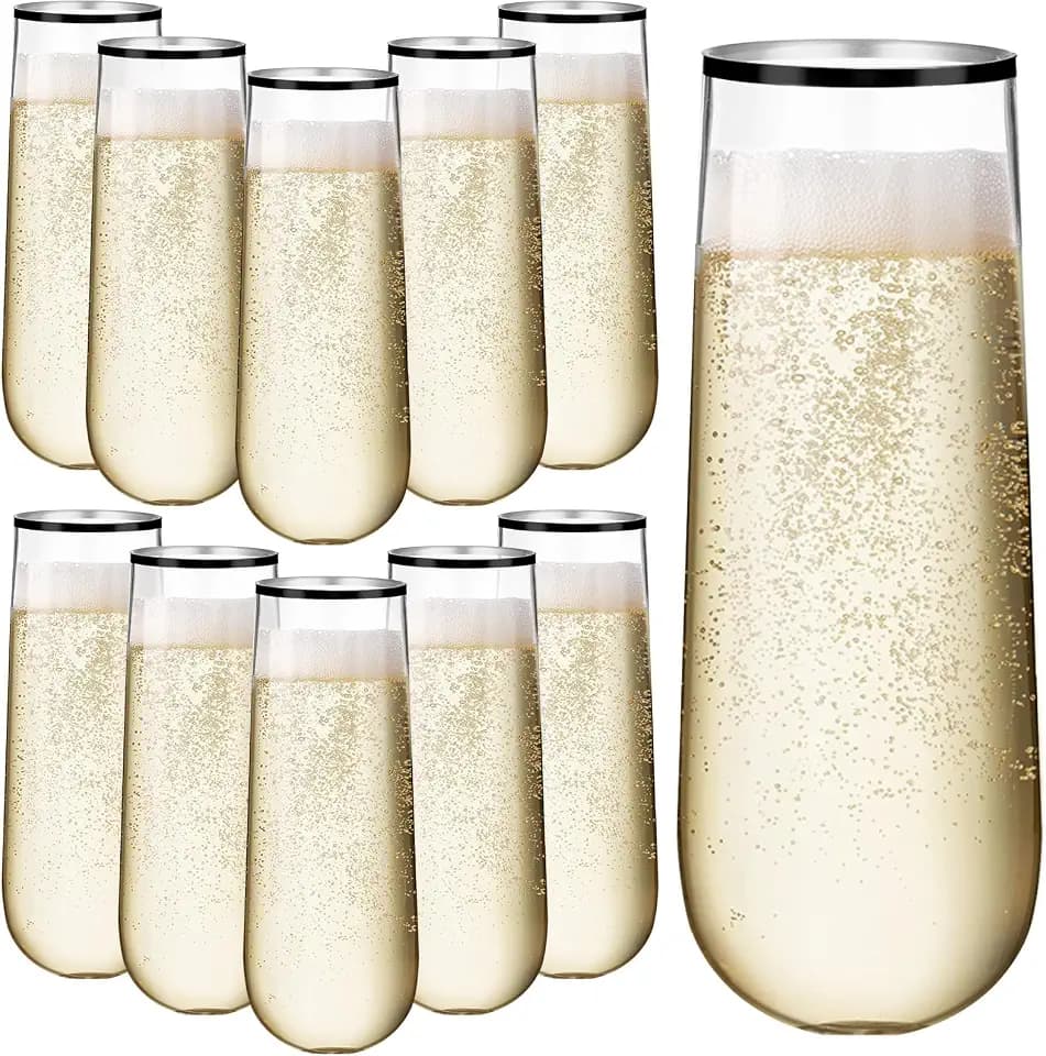 12 Pcs Black Rimmed Hard Plastic Champagne Flutes 9 oz Mimosa Glasses Stemless Toasting Glasses Wine Glass Cocktail Cups for Party Wedding Engagement Bridal Shower Halloween(Black)