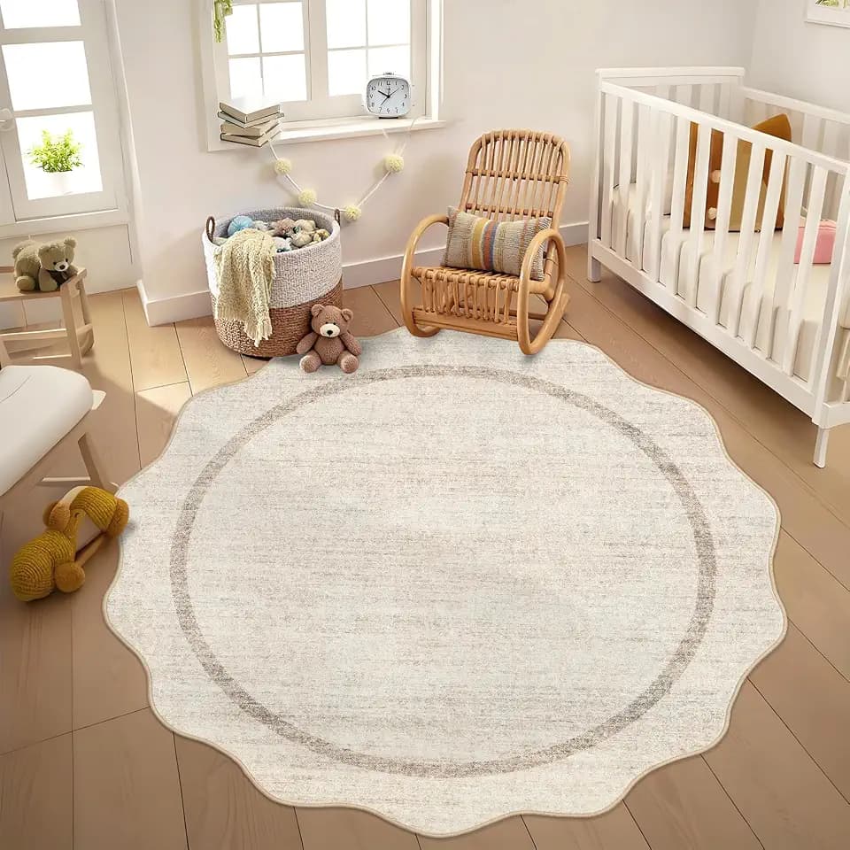 GarveeHome Scalloped Round Washable Rug Soft Modern Round Rugs 5 ft, Beige