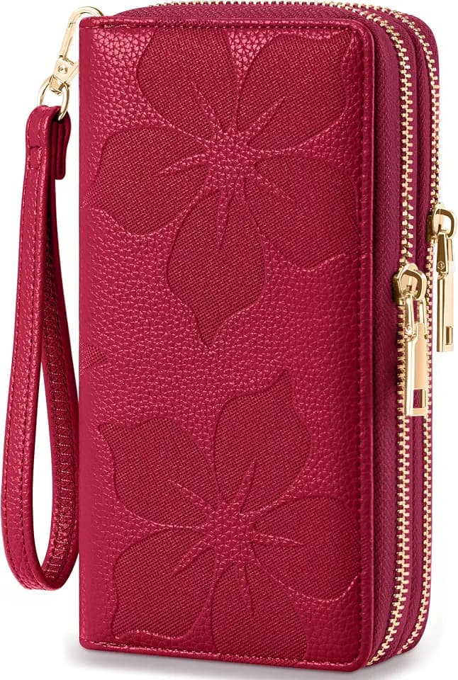 Espera Women Wallet RFID Blocking Large Capacity Card Holder Purse Double Zip Leather Designer Ladies Clutch with Wristlet