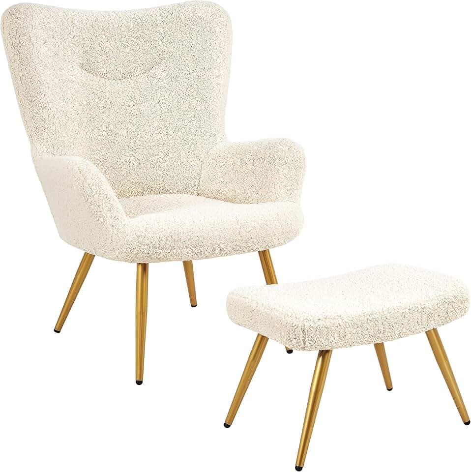 Yaheetech Ohrensessel mit Hocker Polyester-Bezug, Fernsehsessel Armlehnensessel Polstersessel Relaxsessel Cocktailsessel Teddy-Plüsch Stilvolles Design Elfenbein