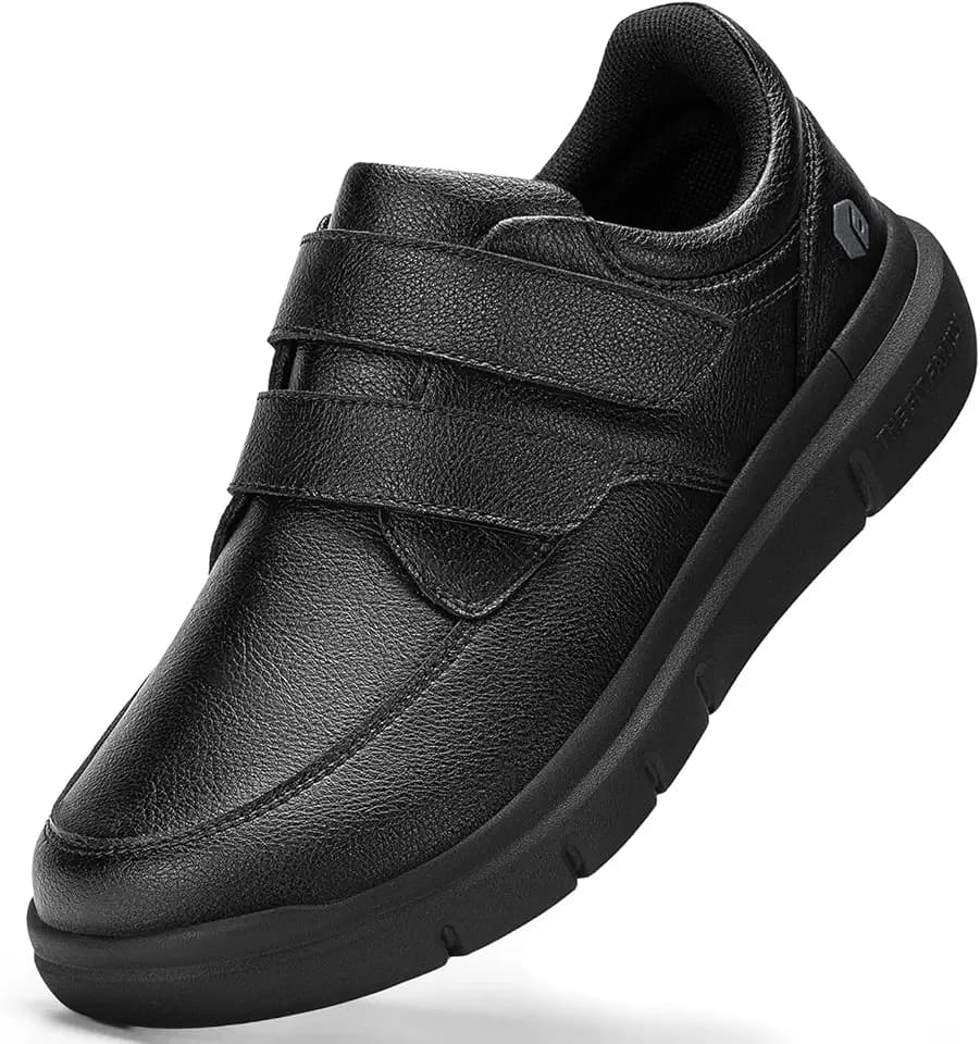 FitVille Men's Extra Wide Walking Shoes, Hook and Loop Comfortable Leather Business Shoes, Orthopedic Diabetic Shoes Dress Sneakers for Edema and Swollen Feet