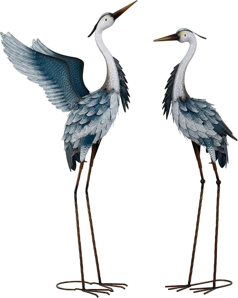 TERESA'S COLLECTIONS Garden Decor Blue Heron Metal Yard Art,38-42" Large Metal Cranes Sculptures & Statues Heron Decoy for Outdoor Indoor Decorations,Outside Patio,Pool, Lawn,Set of 2,Gift for Mom