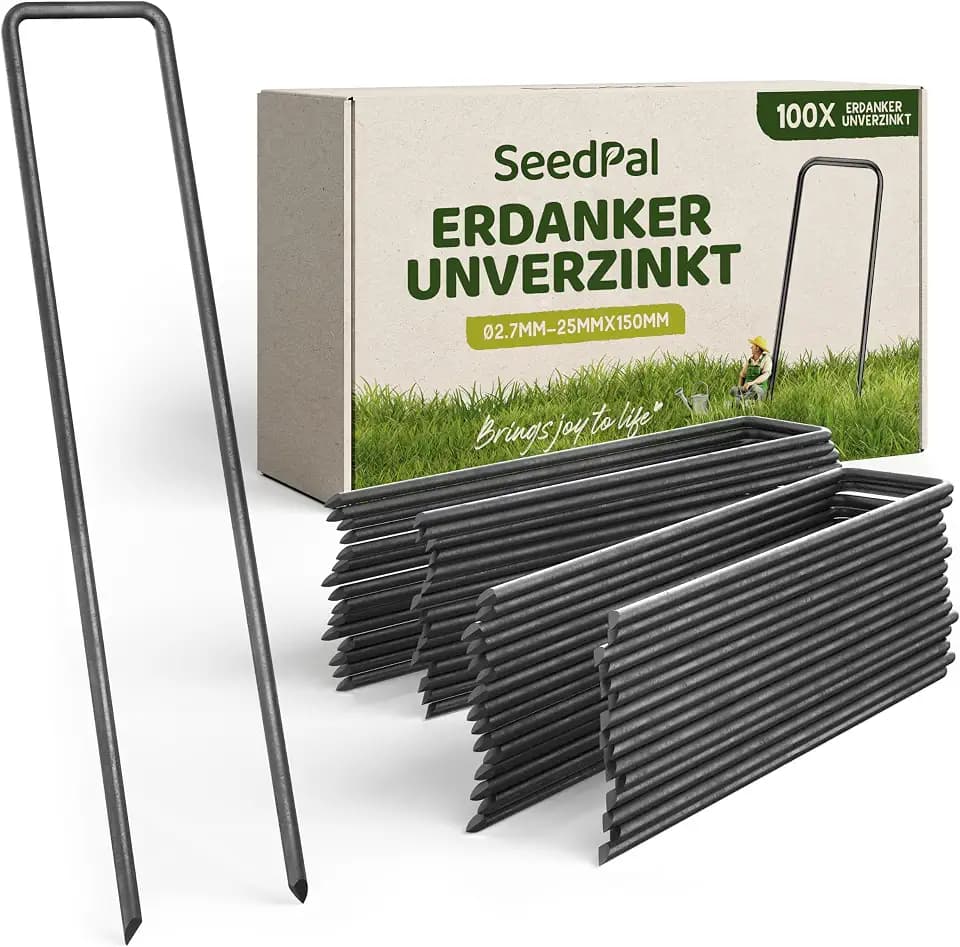 SeedPal Erdanker Bodenanker Unverzinkt - 100 Stück - Heringe Erdnägel stabil, Erdanker Unkrautvlies, Zaun & Zelt - 150mm*25mm*Ø2.7mm - Erdnägel/Bodenhaken aus Stahl - Bodenverankerung