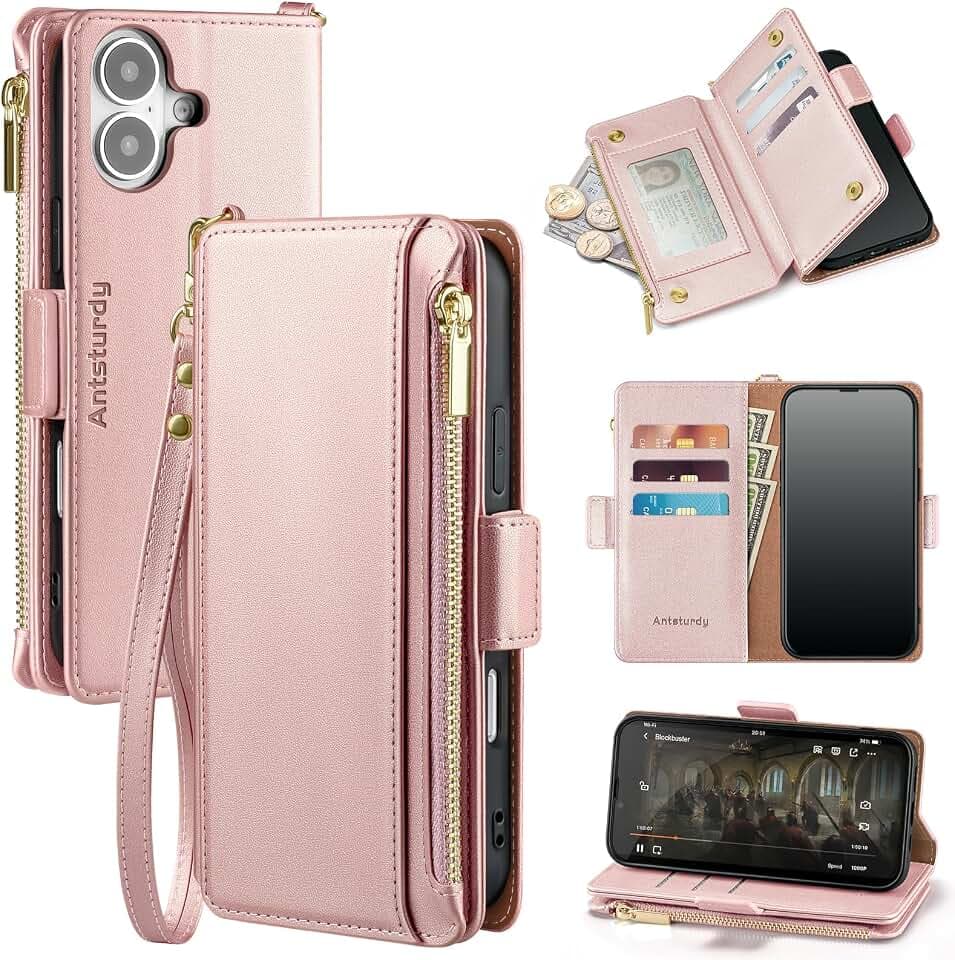 Antsturdy for iPhone 17 Phone Wallet Case Women,Rose Gold