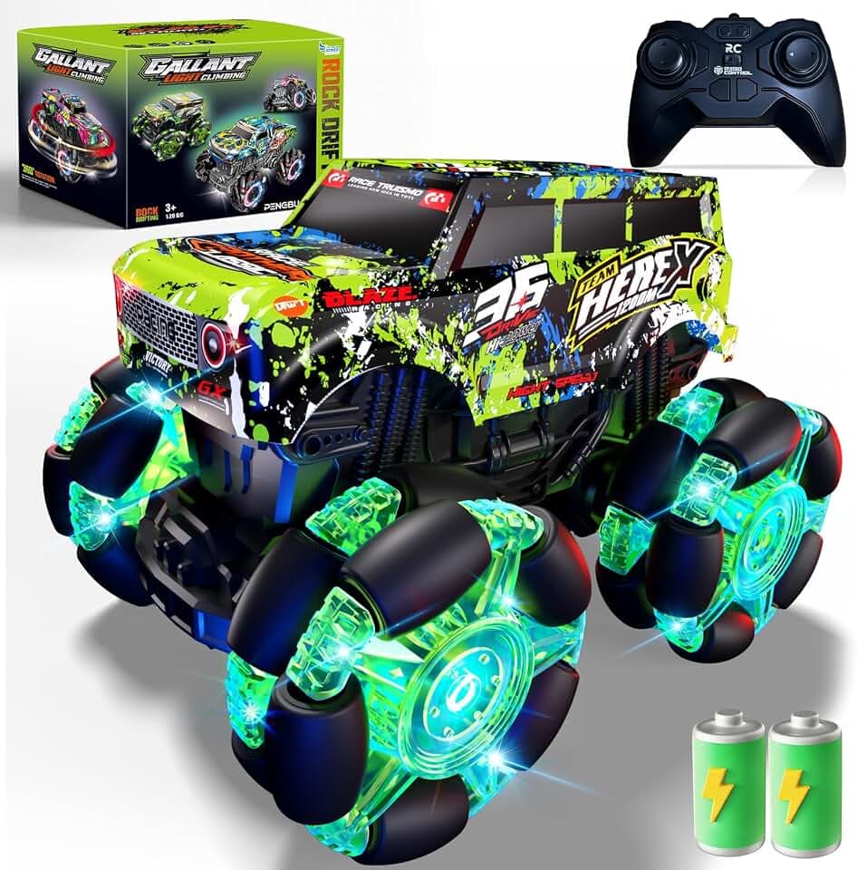 Monstertruck Ferngesteuert mit Licht Reifen, Musik und 360°Drehung (Grün)