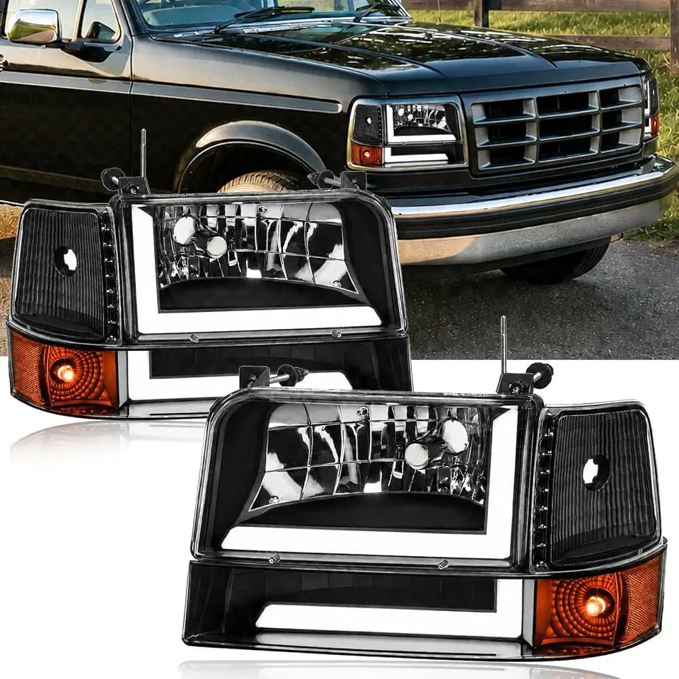 LED DRL Headlights Compatible with 1992-1996 Ford F150 F250 F350 & Ford Bronco Replacement Headlamp Amber Reflector Black Housing