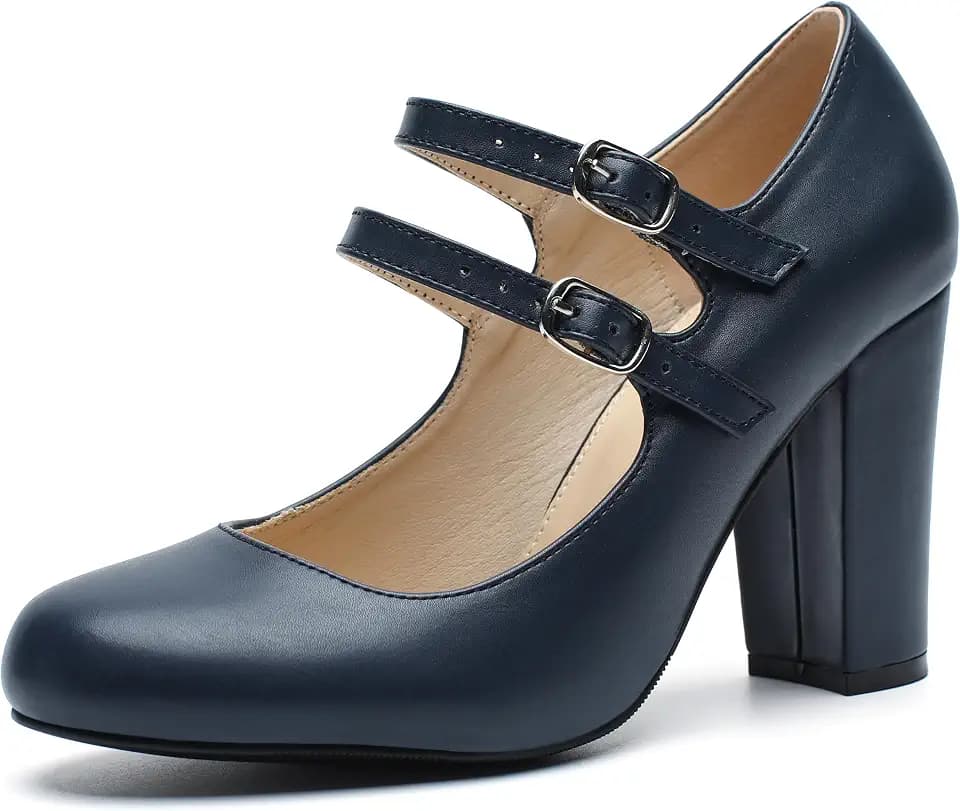 Women's Mary Jane Pumps, Double Strap, Chunky Block High Heel, Round Toe, 3.54 Inch Dress Shoes
