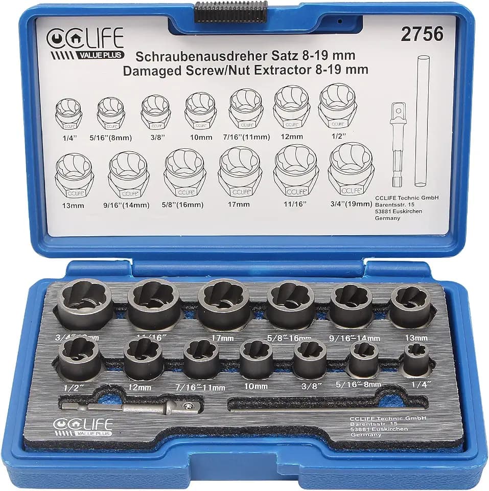 CCLIFE 15tlg 3/8" Cr-Mo Spezial Steckschlüssel Einsatz Linksausdreher Schraubenausdreher Nuss Stecknuss Muttern Entferner | 8-19mm | Turbonüsse
