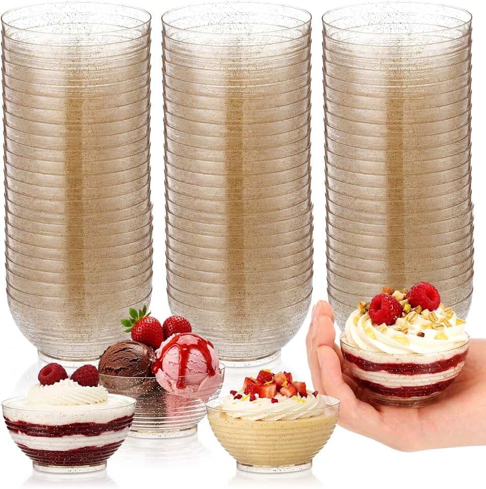 Newtay 100 Pack Gold Glitter Plastic Bowls 3oz Mini Disposable Dessert Bowl Small Serving Bowls for Party Serving Pudding Dipping Candy Cheesecake Mousse Ice Cream