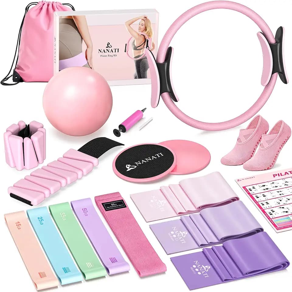 NANATI Pilates Kit, Home Pilates Workout Kit for Women, Pilates Equipment with 14.5"" Pilates Ring and Ball, Resistance Bands, Ankle Weights, Sliders & Grip Socks for Home Workouts