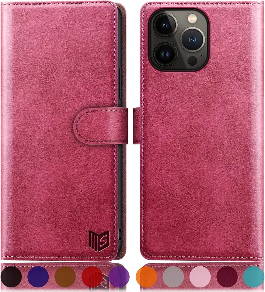 SUANPOT for iPhone 14 Pro Max 6.7" Wallet case with RFID Blocking Credit Card Holder,Flip Book PU Leather Protective Cover Women Men for Apple 14 ProMax Phone case Rose Red