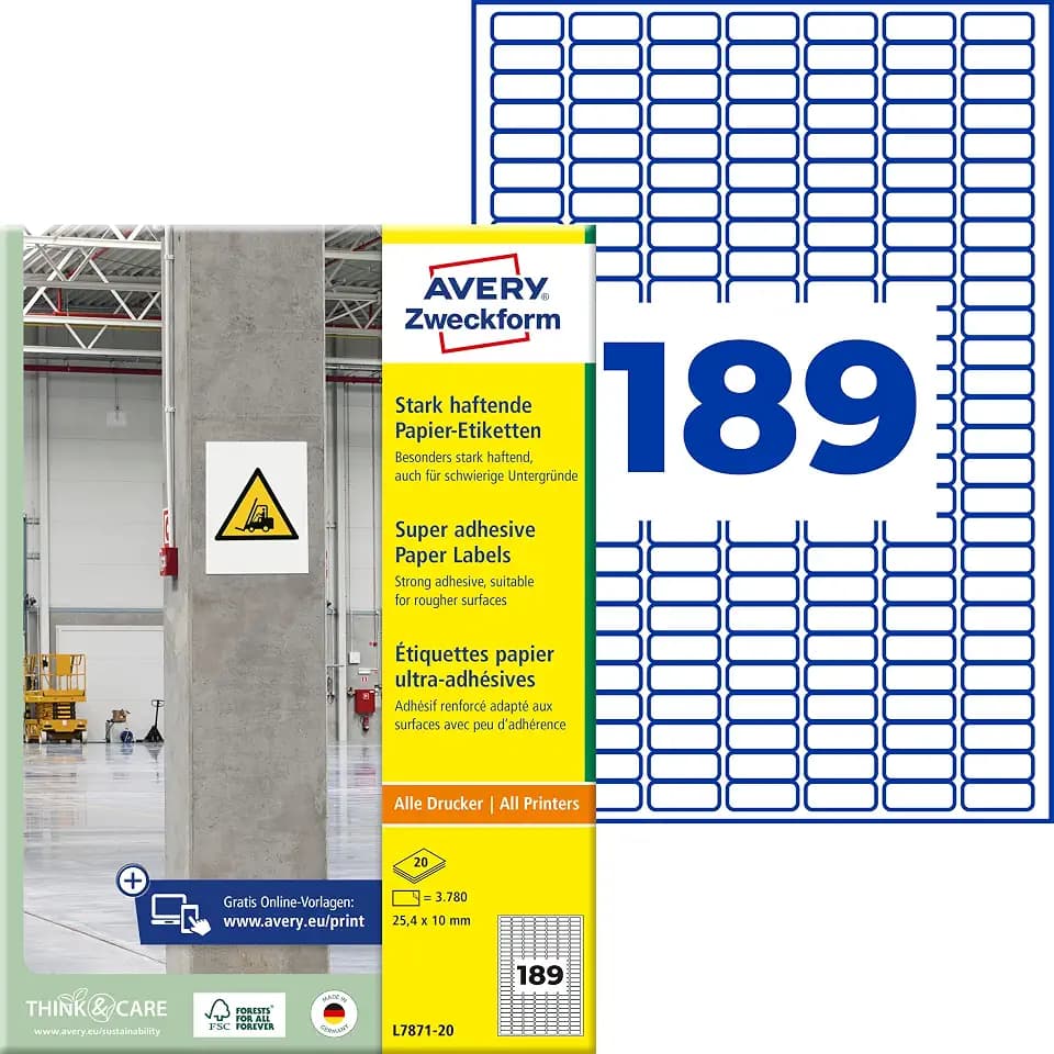 AVERY Zweckform L7871-20 Stark haftende Etiketten (3.780 Aufkleber, 25,4x10mm auf A4, extrem stark selbstklebend, auch für schwierige Oberflächen, bedruckbare Power Klebeetiketten) 20 Blatt, weiß