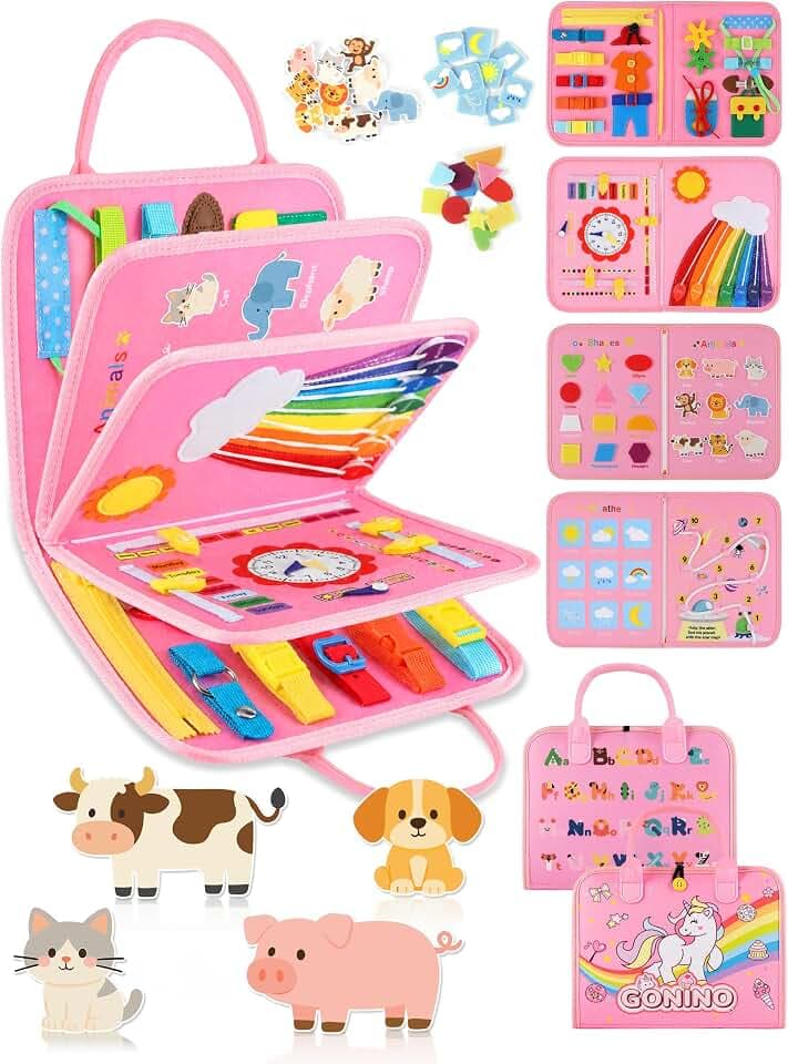 GONINO Toddlers Busy Book Montessori Toy, Unicorn Felt Busy Board for Girls