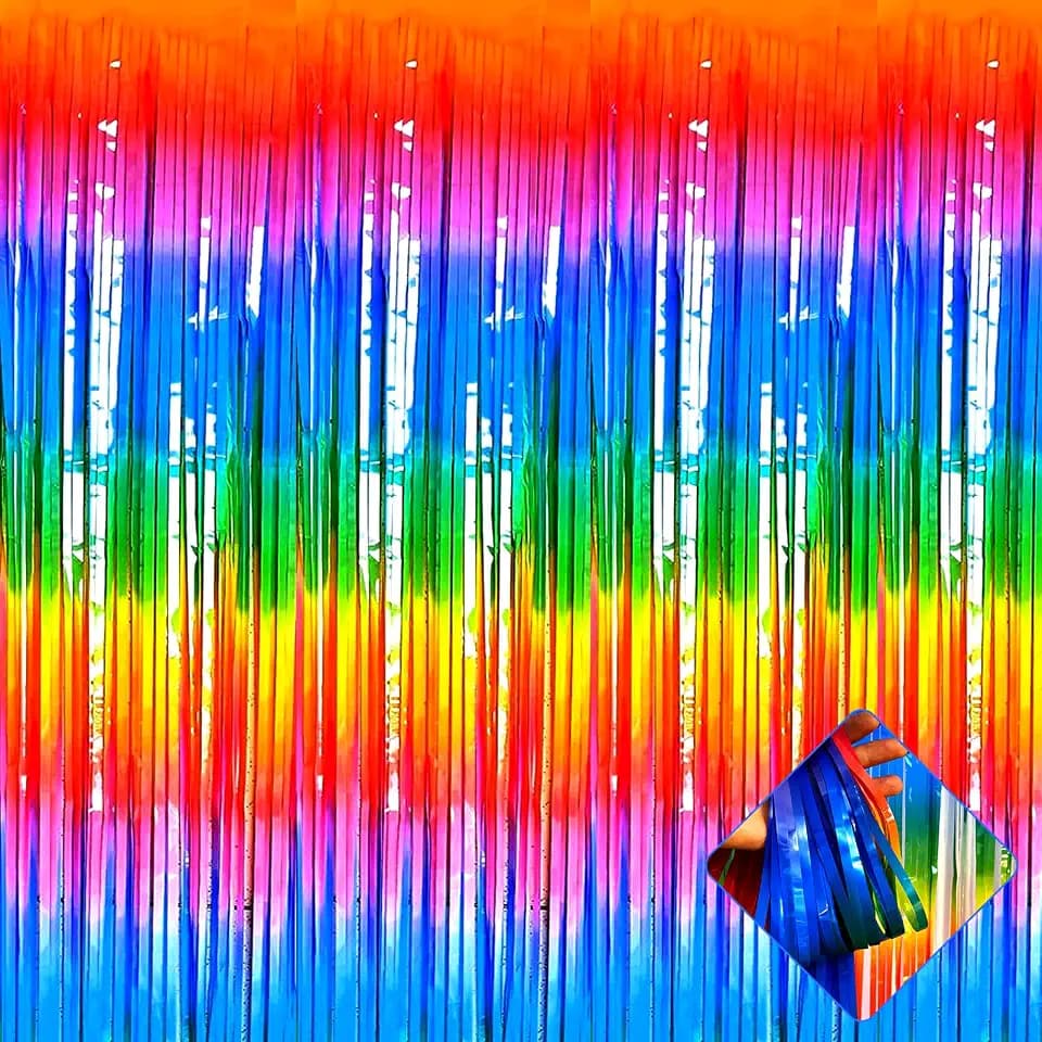 4 Pack 3.2Ft x 8.2Ft Rainbow Foil Fringe Curtain Backdrop, Colorful Metallic Tinsel Foil Fringe Streamers Curtains Background for Photo Booth, Birthday, Wedding, Halloween, Christmas Party Decoration