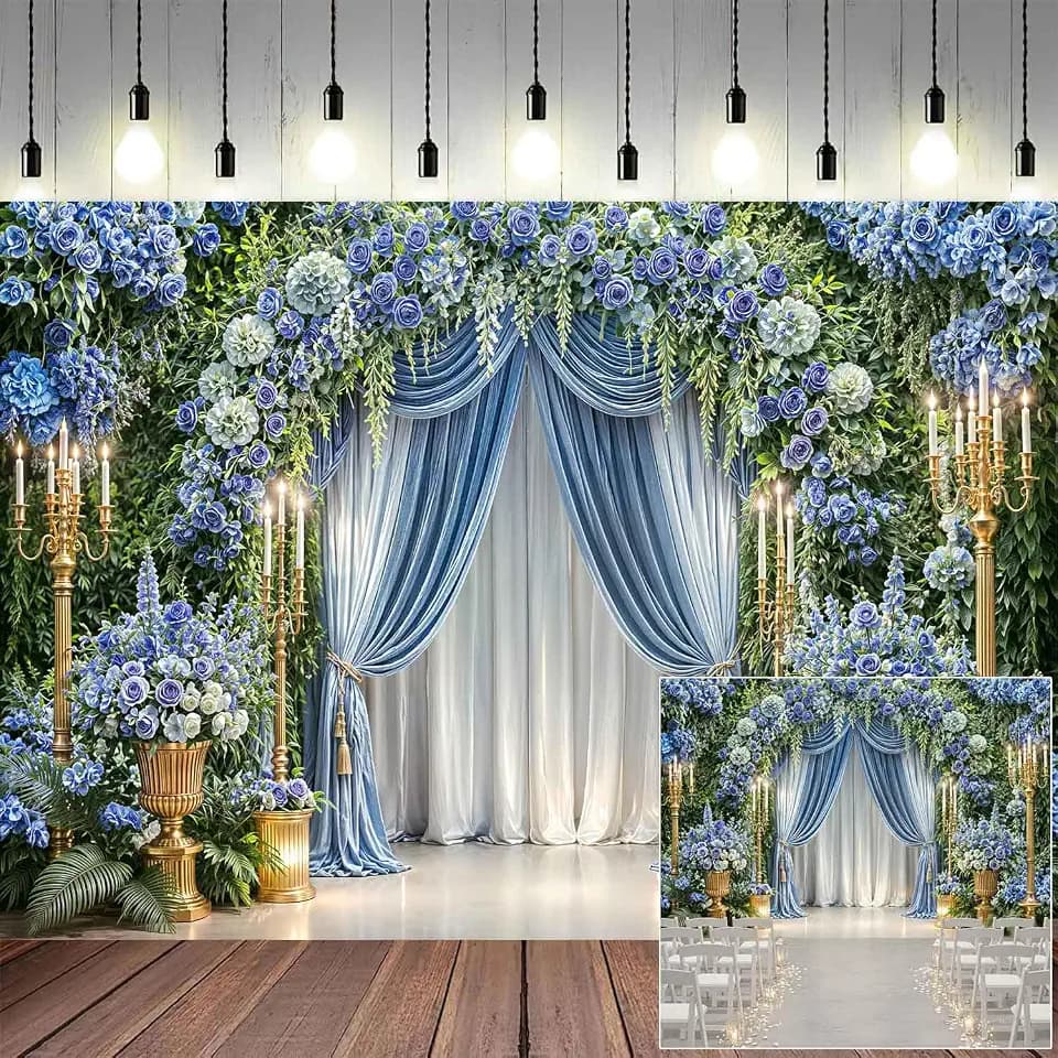 Blue White Rose Floral Curtain Candelabra Wedding Photography Backdrop